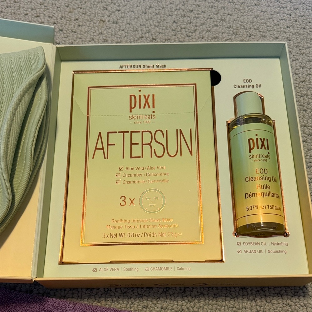 Pixi Aftersun Skincare Set with Green and Gold Packaging, PR box